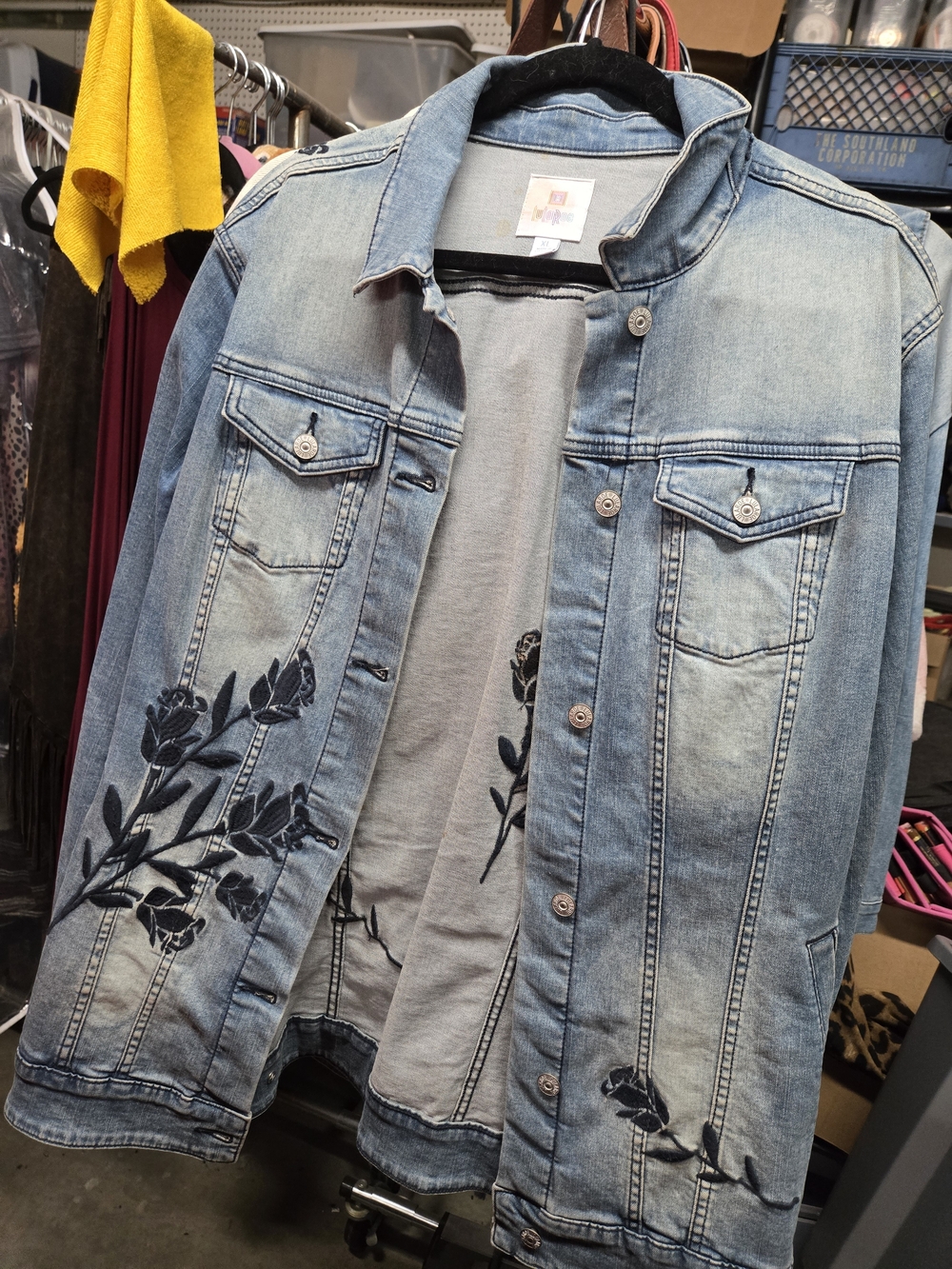 LulaRoe Denim Jacket with Black Floral Embroidery - Men Jeans